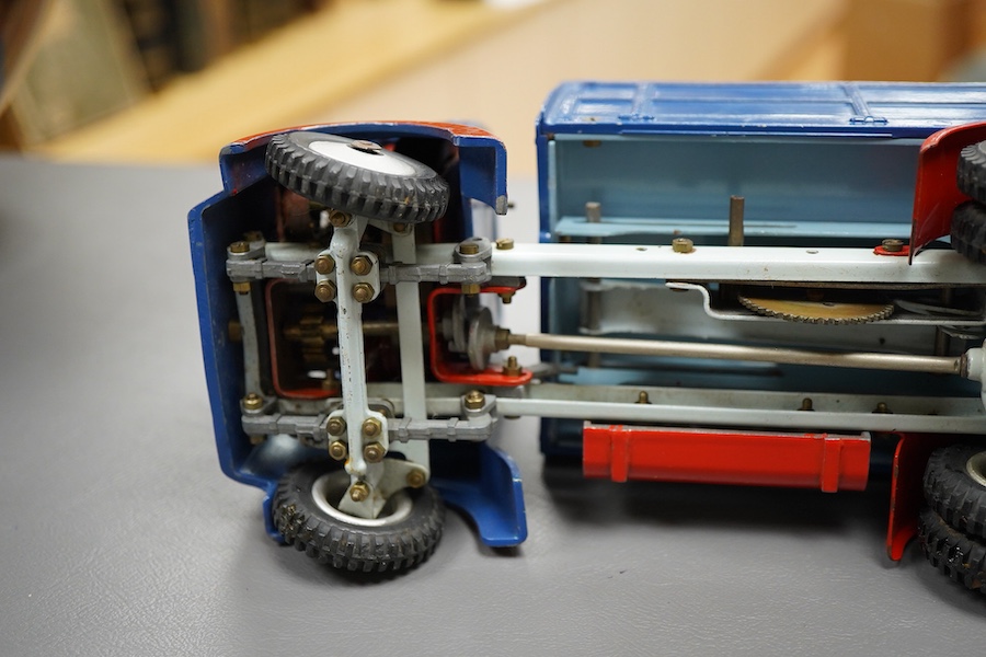 A Shackleton clockwork Foden FG 6-wheel tipper lorry, in blue with red mud guards